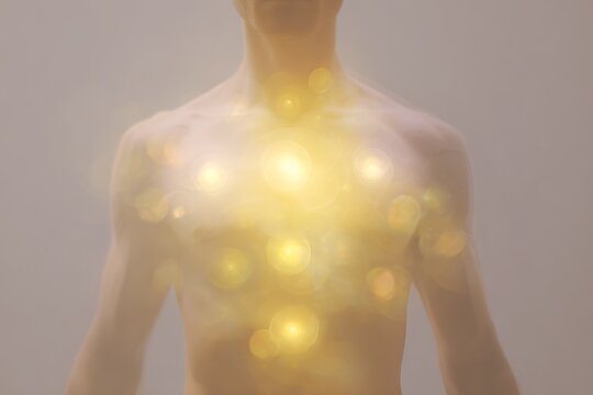 Front view torso with golden glowing chakras aligned on chest and abdomen for body energy healing background and meditation design