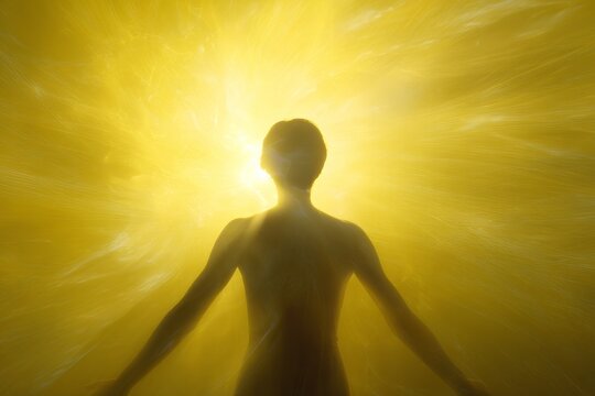 Radiant yellow solar plexus chakra energy silhouette with glowing light for meditation background and healing poster design