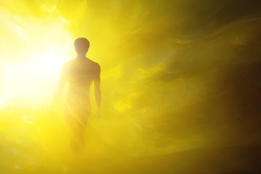 Silhouette walking into intense yellow solar plexus chakra light for energy healing background and chakra poster design