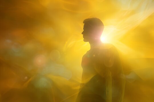 Silhouette with golden solar plexus energy aura for meditation and wellness background with yellow light glow for spiritual healing and yoga poster design