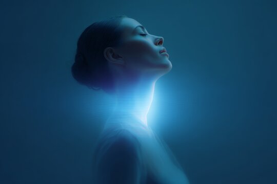 Profile portrait of a woman with a luminous blue throat chakra glow for meditation wallpaper and holistic wellness background