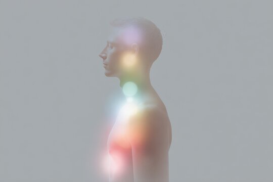 Side profile silhouette showing the chakra energy system with seven glowing colored centers for meditation and wellness background design