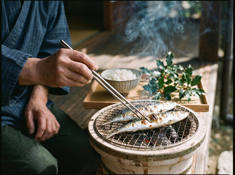Grilling fresh iwashi sardines on a charcoal brazier for Setsubun festival