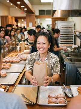 Smiling baker handing fresh malasadas to customer in shop on Malasada Day