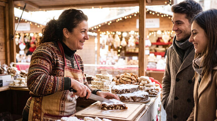 Obraz premium Smiling vendor slicing traditional panforte for a couple at a Christmas market