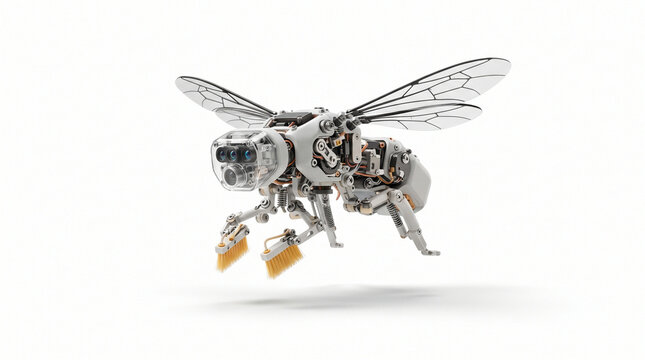 High Tech Mechanical Pollinization Bee Drone Concept on White Background