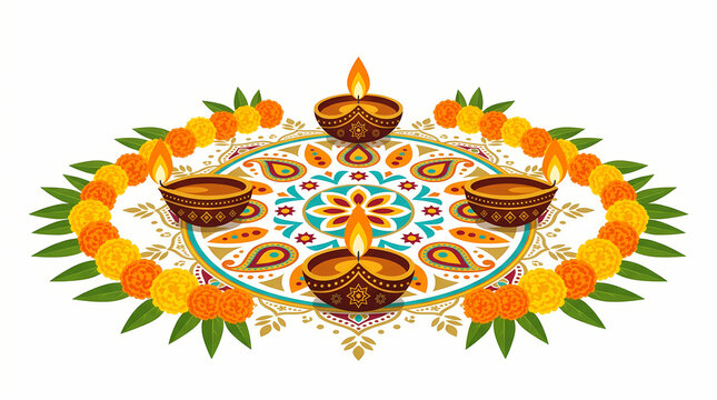 Isolated circular rangoli pattern decorated with burning brass diya oil lamps and marigold garland frame. Diwali festival vector element.