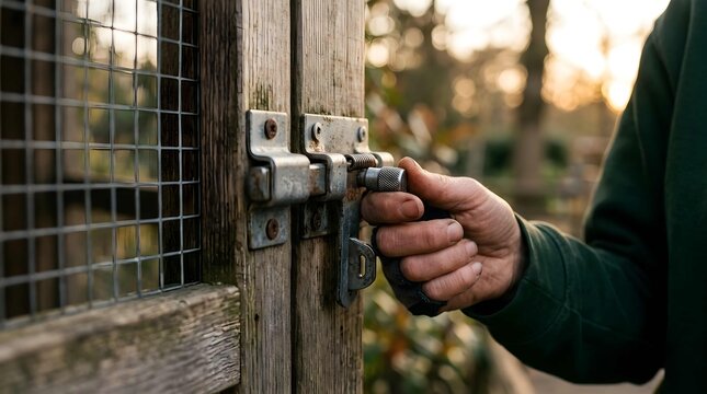 Hand opening rustic wooden gate latch outdoors in daylight