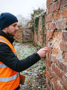 Building surveyor inspecting damaged spalling brick wall outdoors in winter