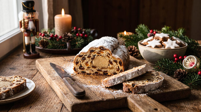Traditional Christmas stollen with marzipan core sliced on rustic wooden board