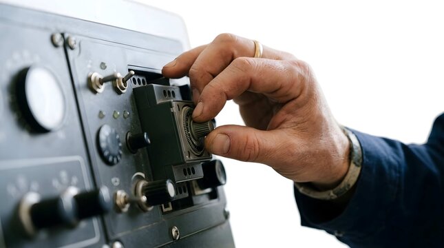 Industrial worker hand adjusting dial on complex control panel