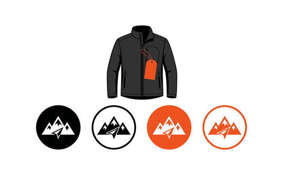 Black fleece jacket with orange price tag and mountain logo emblem icons
