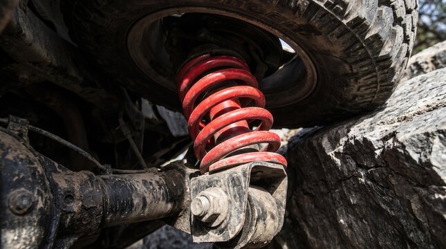 Red coil spring suspension on a muddy 4x4 vehicle driving over rocky terrain, highlighting rugged durability and mechanical performance for automotive marketing and repair services.