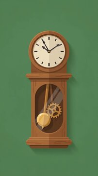 Flat vector illustration of a vintage wooden grandfather clock hanging on a green wall with visible pendulum and gears