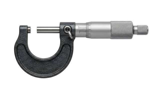 Precision-engineered compact micrometer caliper with detailed metallic threading, concept for quality control, aviation maintenance, and travel toolkit essentials