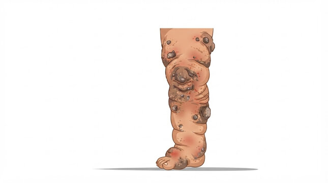 Vector illustration of elephantiasis disease causing severe swelling and skin lesions on human leg  