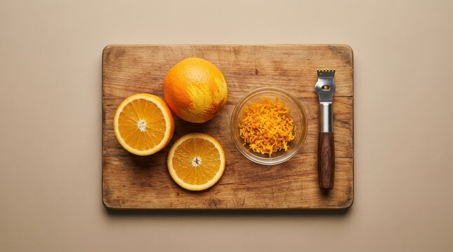 Fresh oranges, orange zest in a glass bowl, and a citrus zester tool arranged on a rustic wooden cutting board