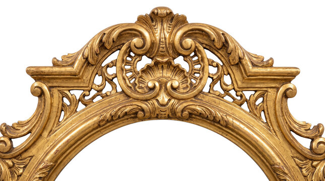 Ornate gold baroque frame detail, antique gilded picture frame with intricate carvings, vintage rococo style border isolated on white