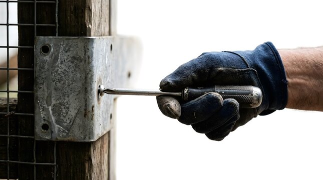 Worker using a screwdriver to tighten a screw on a metal bracket