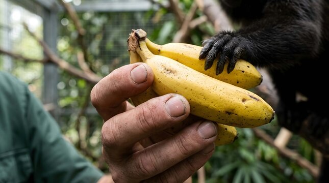 Zookeeper feeding fresh yellow bananas to a dark primate at the zoo