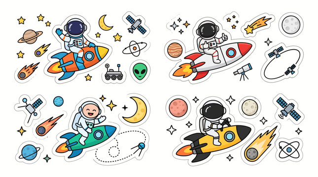 Cute space stickers set with astronauts on rockets planets and comets cartoon vector