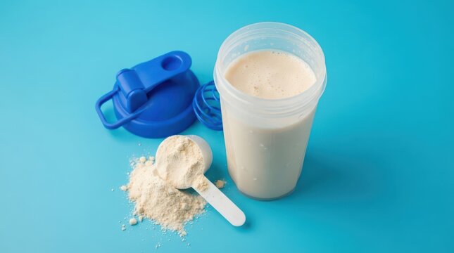 Protein shake in plastic shaker cup with powder, scoop, and blue lid on blue background