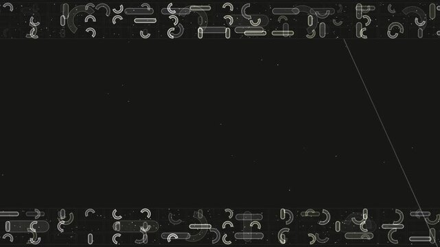 Partial Circle Arcs and Rounded Strips Switching Step by Step in Top and Bottom Bands on Dark Charcoal With Drifting Particles for Chapter Title and Podcast Background Seamless Loop