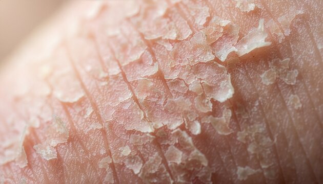 Extreme macro close-up of severely dry human skin, visible fine cracks, flaky patches and rough texture.