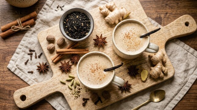 Two cups of masala chai tea with spices, ginger, cinnamon sticks, and star anise on a wooden cutting board
