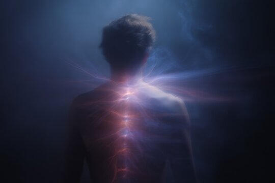 Back view of person with glowing spine energy field for wellness background and anatomy concept design