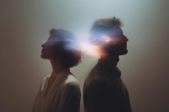 Ethereal double portrait two people connected by glowing light energy for meditation background and spiritual banner design