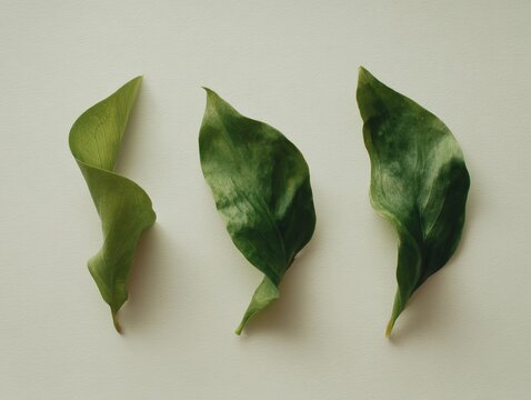 Three identical leaves showing progressive curling stages for botanical study, texture reference and natural background or scientific layout