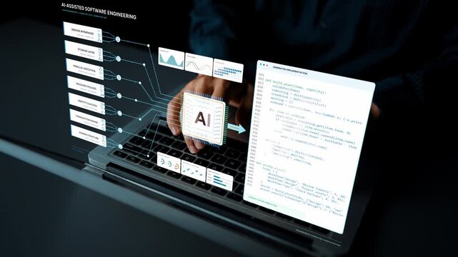 AI specialist works on a laptop. AI-assisted software engineering connects system requirements with generated code, covering service interfaces, storage and the coordination of parallel work.