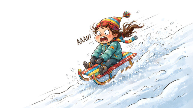 Cute sled racer flying down a snowy hill, surprised expression, colorful sled, snow splashes, funny cartoon style, white background, copy space.