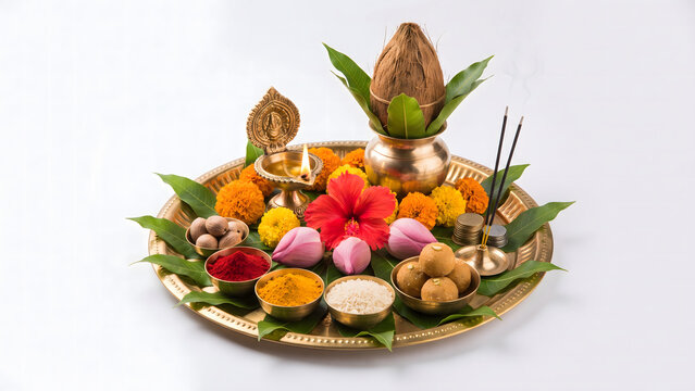 Traditional Hindu puja thali with kalash, coconut, lit diya, flowers, and sacred offerings on white background 