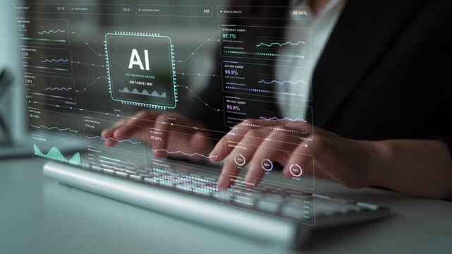 A person types on a keyboard. AI observability combines task traces and resource measurements with agent coordination, helping explain how automated work moves through a system.