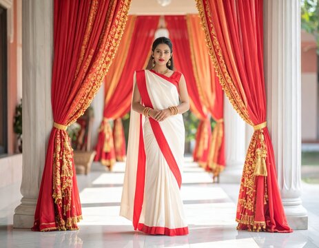 Indian woman wearing traditional white red saree