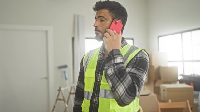Man construction worker holding smartphone to ear while wearing hi vis vest in building renovation; focused planning.