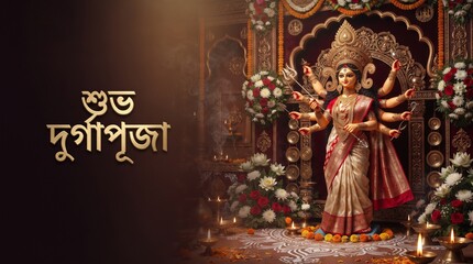 Fototapeta premium Goddess Durga idol for Durga Puja festival celebration, ornate traditional Indian deity statue with flowers, festive greeting banner with Bengali text