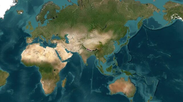 Nepal highlighted on map with geographic zoom animation