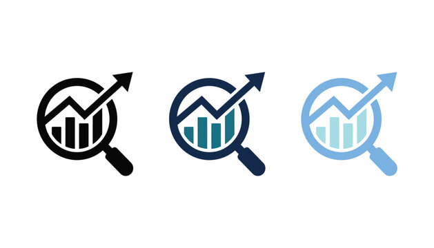 Set of data analysis icons with magnifying glass, charts, and upward trending arrows