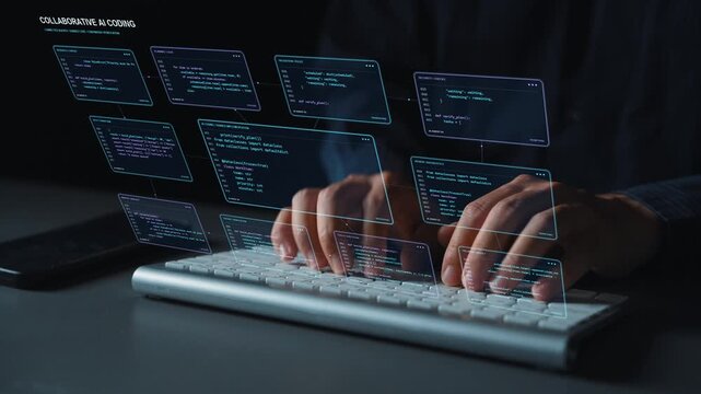 An AI development network links contextual reasoning and source code work with verification, using coordination to connect several agents with a shared objective.