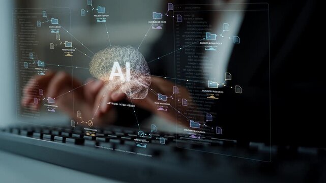 A person types on a keyboard. An AI context network links research material and workspace documents with business information, organizing the sources needed for evidence-based outputs.