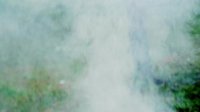 Thick white smoke rising from ground in green outdoor field