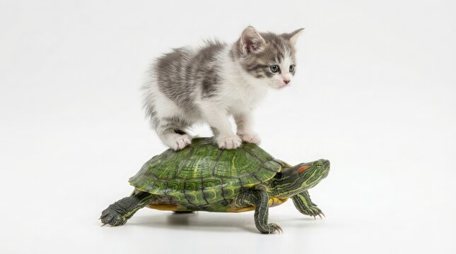 Small fluffy tabby kitten standing curiously on the back of a green turtle isolated on a clean white background during a funny studio animal portrait