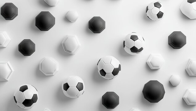 Abstract pattern of black and white geometric shapes and soccer balls