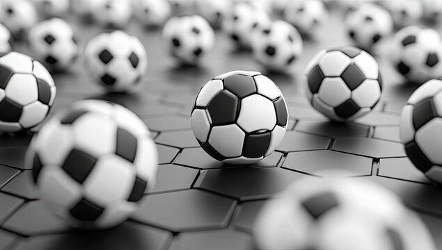 Soccer balls arranged on a honeycomb pattern