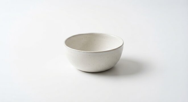 Minimalist white ceramic bowl isolated on a clean white background with subtle shadows, suitable for kitchenware, food presentation, product design, and lifestyle concepts.