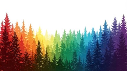 Fototapeta premium Vibrant Rainbow Gradient Pine Forest Illustration Featuring Stylized Coniferous Evergreen Trees in a Colorful Artistic Nature Landscape Setting