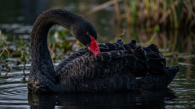 Black swan with striking red beak in serene water setting.